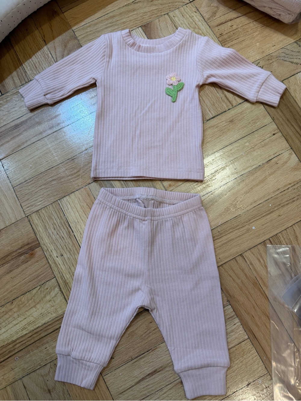 Baby Pink Ribbed Two-Piece Set with embroidered Flower Accent
